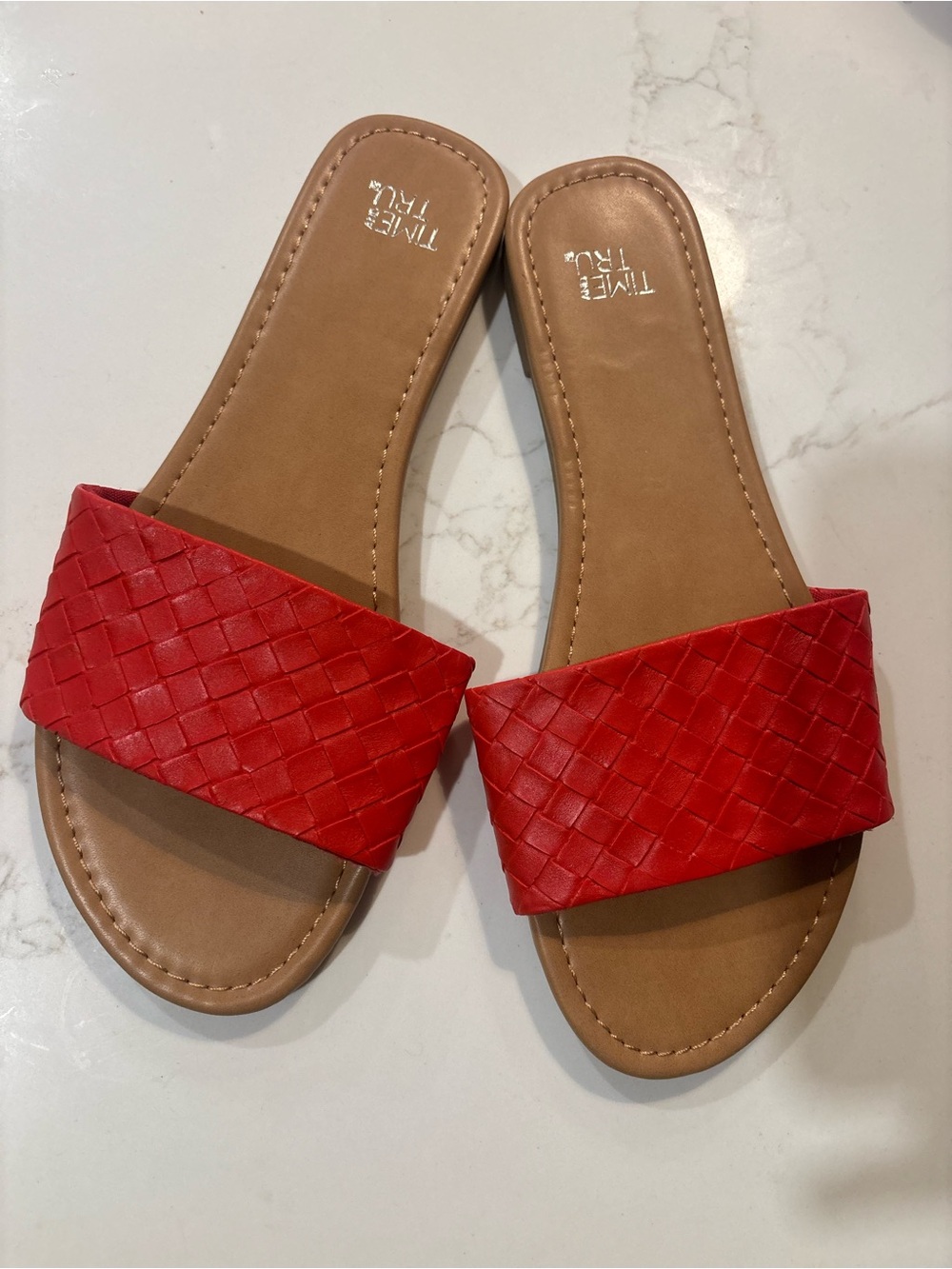 Time and Tru Red Woven Slide Sandals with Tan Footbed